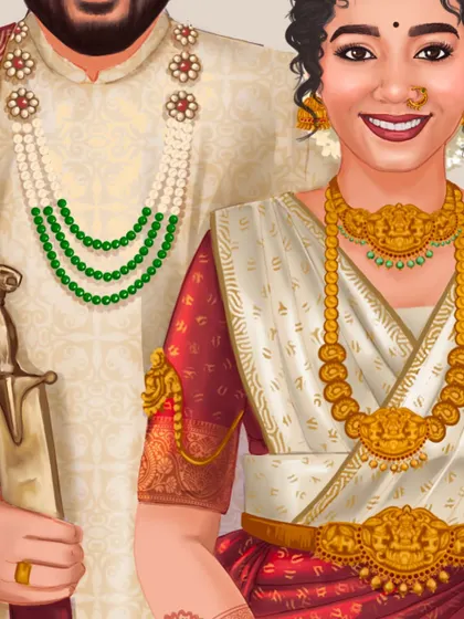 A closer look at the groom's sherwani and the bride's jewelry. These small details in a wedding illustration are what make the final piece so personal and special.