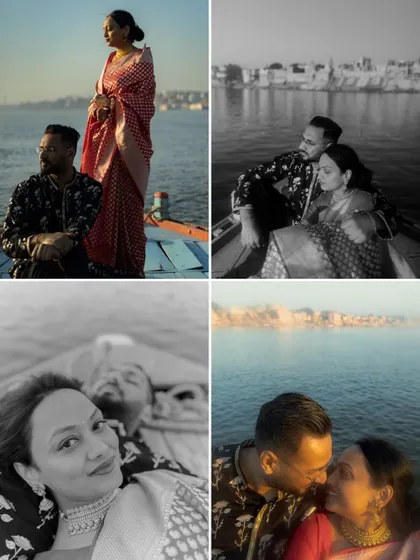 A collage of romantic moments from a pre-wedding shoot in Varanasi. It captures the couple's love story against the iconic backdrop of the river and ghats.
