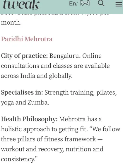 The Tweak India article details my holistic health philosophy, which is built on the three pillars of workout, nutrition, and consistency.
