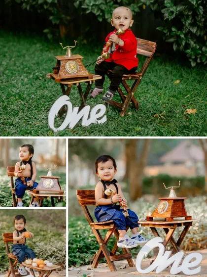 This collage shows different setups and outfits for a boy's first birthday shoot, all centered around a vintage telephone prop.