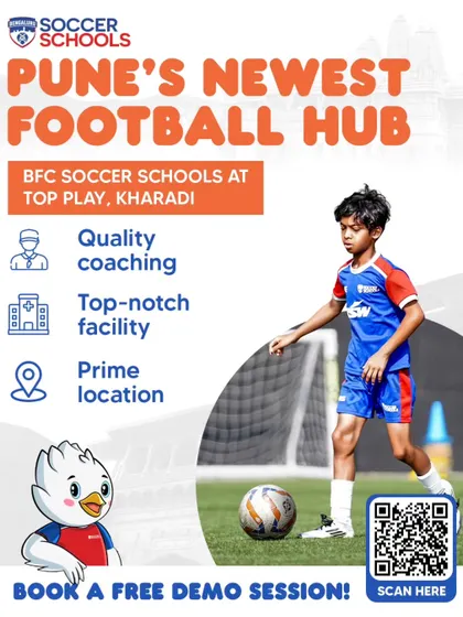 Pune's newest football hub is here! This graphic provides details about our centre at Top Play, Kharadi, offering quality coaching in a prime location. Book a free demo session!