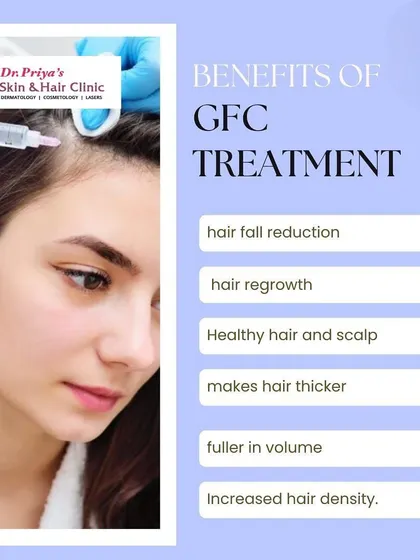 Here are the key outcomes of GFC treatment. Patients can expect a reduction in hair fall, stimulation of regrowth, improved scalp health, and an increase in hair thickness, volume, and density.