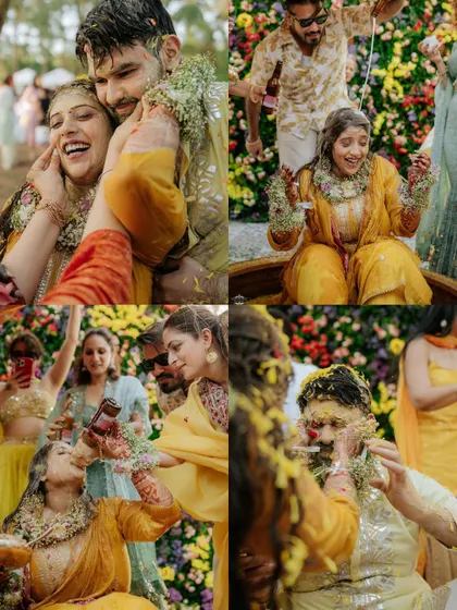 A collage of the wildest, most joyful moments from a Haldi party. It’s a testament to how much fun these events are.