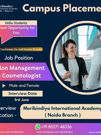 We are hosting a campus placement drive at our Noida branch for Salon Management and Cosmetologist positions. This is a direct path to getting hired by leading brands in the industry.