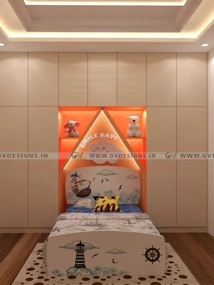 We designed this playful kids' bedroom with a custom bed attached to the center of the wardrobe. The wardrobe itself features a triangular showcase unit with accent lighting, creating a fun focal point that is both imaginative and practical.