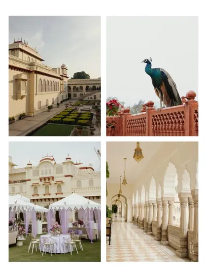 A glimpse into the world of a royal Jaipur wedding. The resident peacock, the elegant tented decor, and the palace corridors all tell a story of heritage and luxury.