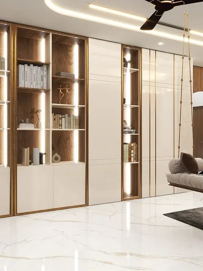 This 3D render shows a living area with a unique indoor swing and a large, backlit bookshelf that serves as a stunning focal point. The design perfectly balances comfort and high-end style.
