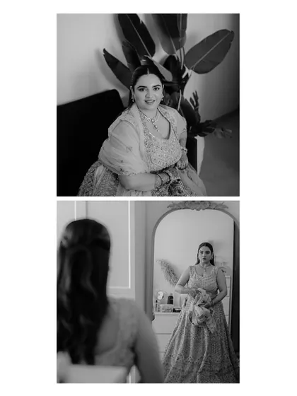A black and white collage of the bride getting ready. The reflection in the mirror adds a thoughtful and introspective layer to her bridal portraits.