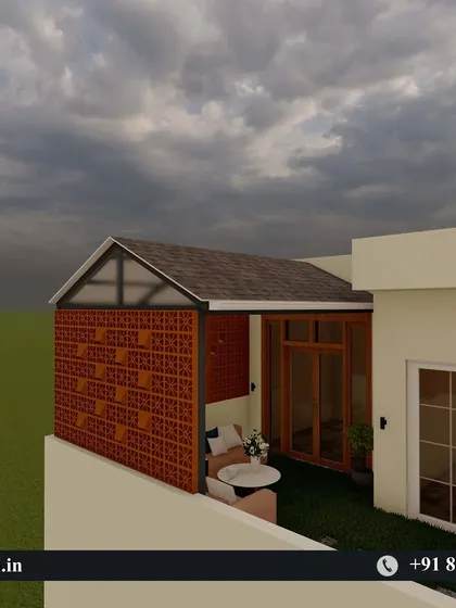 This 3D concept shows the completed look of the corner terrace, with a cozy seating area, artificial grass, and the privacy screen.