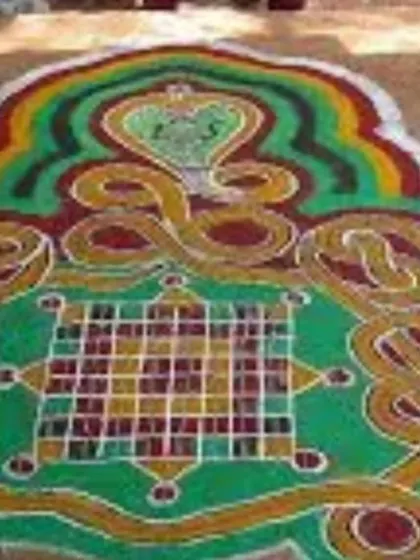 A vibrant Nagamandala, a sacred geometric pattern drawn on the ground for the worship of the serpent gods in the Tulu Nadu region. These mandalas are complex spiritual and mathematical representations.