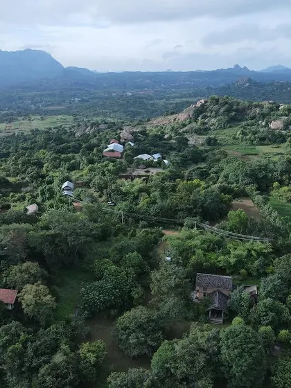 An aerial view of our studio farm, "Bandethota". This is where we live our philosophy, practicing sustainable architecture while being immersed in conscious living.
