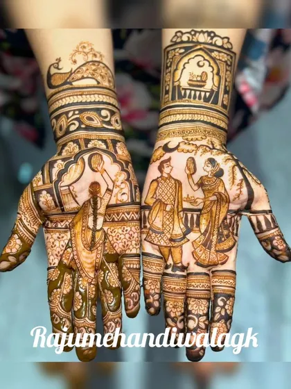 A popular design for Karwa Chauth, showing the wife looking at her husband through the channi. The other hand features a portrait of the couple together, capturing the essence of the festival.