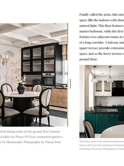 A press feature of the informal dining room and kitchen at Riviera Maison, highlighting the mix of custom furniture and bold color choices.