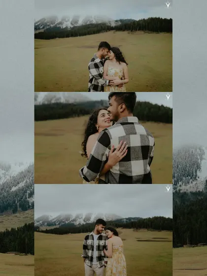 A three-panel collage capturing various intimate and romantic moments of a couple amidst the beautiful, moody landscape of Kashmir.