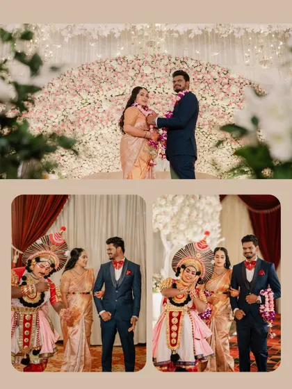 A collage from a reception that beautifully blends tradition and modernity, featuring the couple with Yakshagana performers.