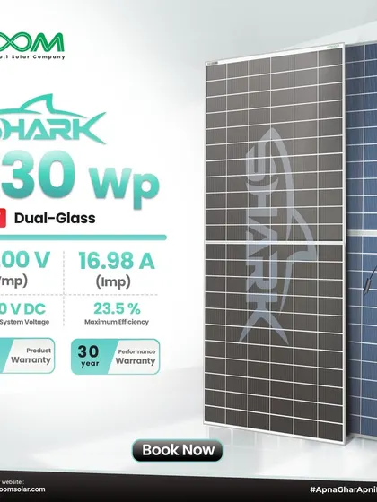 This graphic details the specifications of the SHARK 730 Wp HJT Dual-Glass panel. It comes with a 15-year product warranty and a 30-year performance warranty, guaranteeing long-term value and peace of mind.