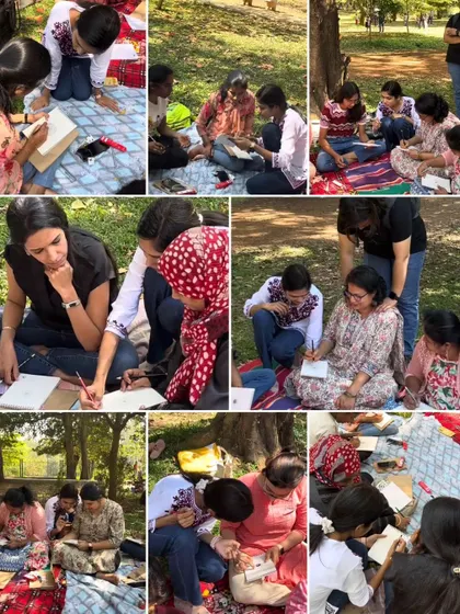This collage captures the focused and collaborative energy of our outdoor art meetup. Participants are seen sketching and painting together on picnic blankets, sharing a creative experience under the trees.