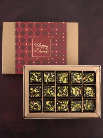 This Diwali, gift a box of our Kunafa Crunch chocolates. They are handmade, eggless, contain no added sugar, and are loaded with crunchy pistachios.
