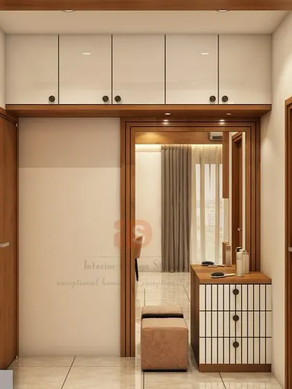 This render visualizes the entryway to the bedroom, showing a compact dressing table and stool, ensuring every corner of the space is used effectively.