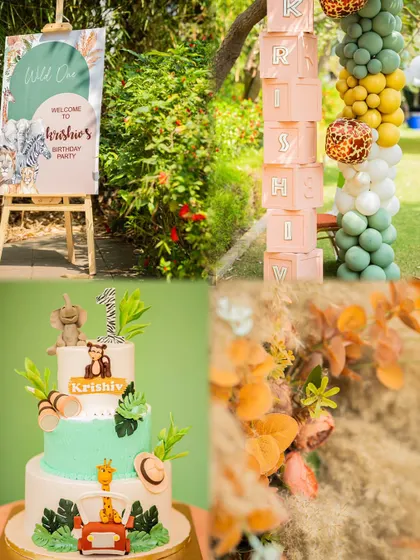 Details from a "Wild One" birthday party, including a custom welcome sign, a safari-themed cake, and earthy balloon decor with animal print accents.