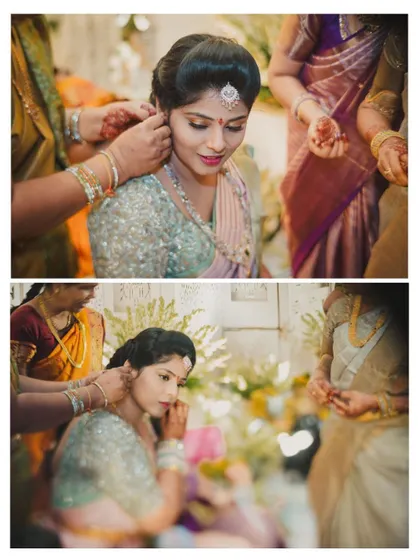 A collage showing the bride getting her jewelry put on by family members, a traditional and intimate part of the getting-ready process.