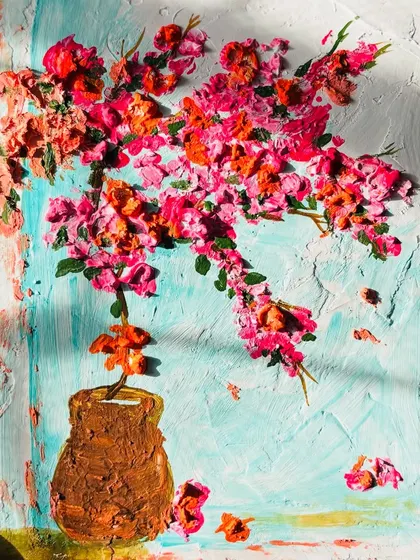 A finished bougainvillea textured painting from one of our workshops. Isn't it amazing how a few simple techniques can create something so beautiful and full of life?