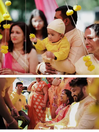 A collage capturing the heartwarming moments of a Haldi ceremony, including the joy of the couple and the sweet presence of the youngest family members.