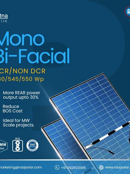 This is our Mono Bi-Facial DCR/NON-DCR panel, designed for MW scale projects. It offers more rear power output up to 30% and helps reduce the overall Balance of System (BOS) cost, making large projects more viable.
