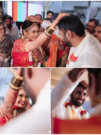 This collage captures the joyful and interactive rituals of a South Indian wedding, showing the couple's happy expressions throughout the ceremony.