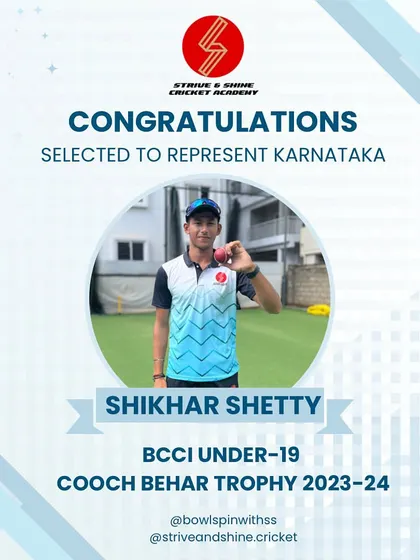 A proud moment as our student Shikhar Shetty is selected to represent Karnataka in the BCCI Under 19 Cooch Behar Trophy. His left-arm spin is a joy to watch.