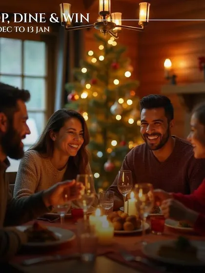 A group of friends enjoys a festive meal, highlighting the 'Shop, Dine & Win' event during the Christmas season. It's a time for joy, laughter, and unforgettable memories.