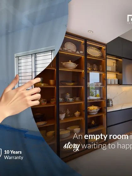 An empty room is a story waiting to happen. This image shows the transformation of a space into a functional kitchen with a beautiful crockery unit, backed by our 10-year warranty.