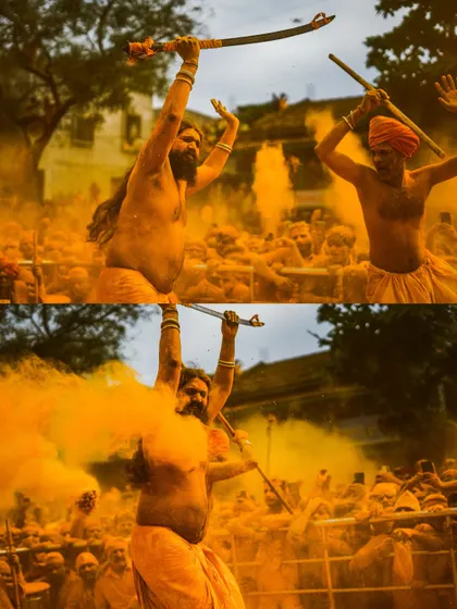 Action shots and crowd scenes from the turmeric festival, capturing the dynamic energy of the celebration. These images show devotees dancing, playing drums, and throwing clouds of yellow powder into the air.