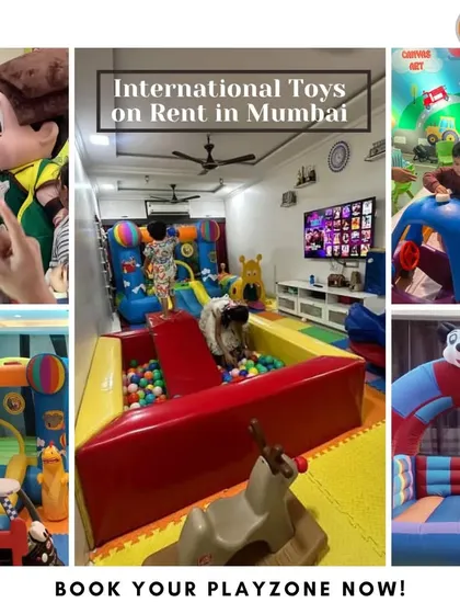 International toys on rent in Mumbai. This collage features a Chhota Bheem mascot, a large indoor ball pit, and a Mickey Mouse themed bouncy castle, showing the variety of entertainment I offer.
