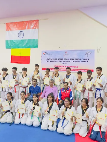 The full team of medalists from the Karnataka State Team Selection Trials. This picture captures the collective success and team spirit that we foster at KTA.