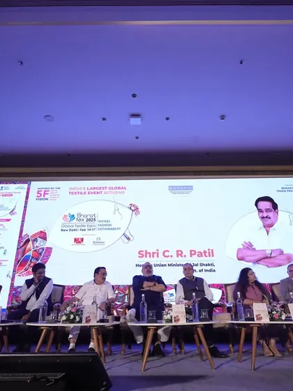 A wide view of the panel discussion I moderated at the Bharat Tex 2025 event, featuring several esteemed government and industry leaders.