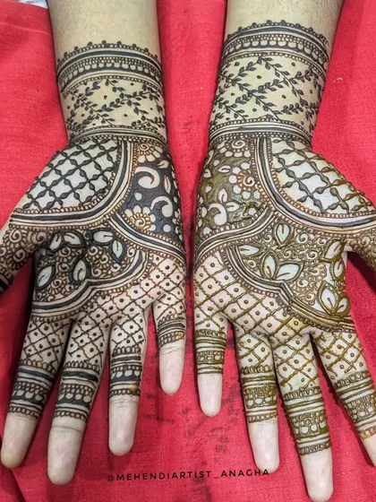 This design is a beautiful choice for a bridesmaid or wedding guest. It features flowing patterns with floral and geometric elements, providing good coverage without being too heavy.