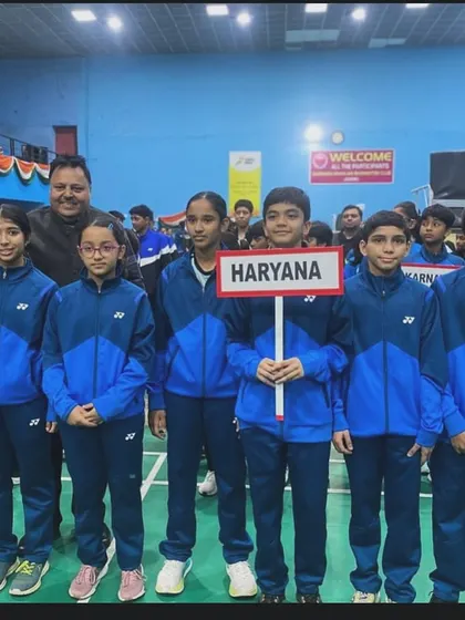 The Haryana team, including our player Nandini Acharya, at the Sub-Junior National Badminton Championship in Jammu.
