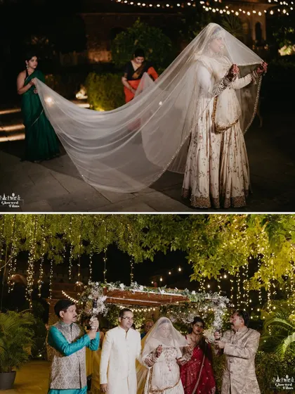 The bride's entry with a long, flowing veil and her walk to the mandap with her family, creating a sense of anticipation and emotion.