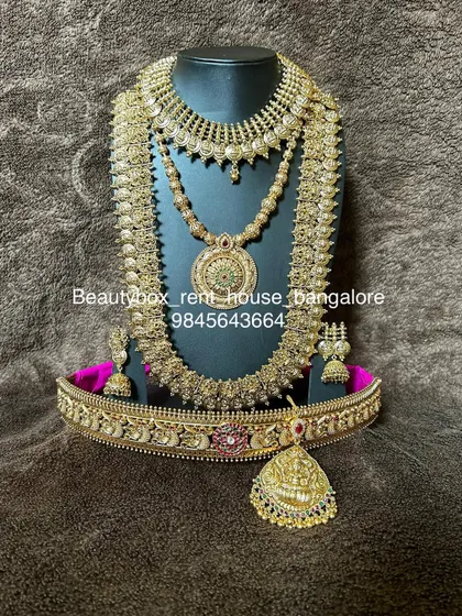 A beautiful antique coin (kasu) necklace set, including a choker, a long kasu haram, and a matching vaddanam. A very popular rental for its traditional appeal.