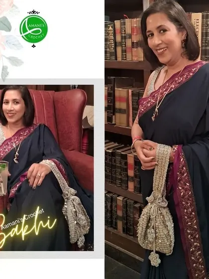 A beautiful patron carrying our sequined party potli, the perfect accessory to complement her elegant saree. Our creations are designed to complete your look with a touch of handmade charm.