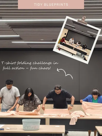 This is the T-shirt folding challenge in full action. I love incorporating fun, competitive activities into my workshops because it gets everyone laughing, engaged, and learning practical skills without even realizing it.