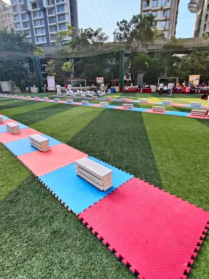 The setup for my cement block smashing record. A long path of 166 blocks laid out on the training ground, each one a challenge to be overcome with focus and power.