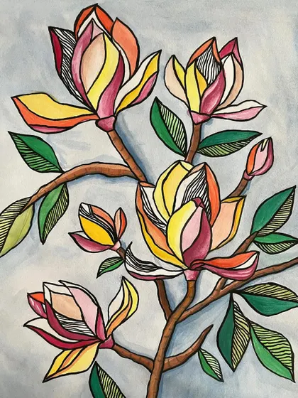 This stylized painting of magnolia flowers combines watercolor with black ink. The clean lines and vibrant colors create a modern botanical artwork.