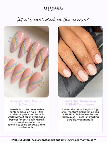 Explore modern and business-savvy nail skills. We teach you how to create reusable, custom press-on nails and perfect the art of chip-resistant gel polish paired with BIAB techniques for durable, elegant nails.