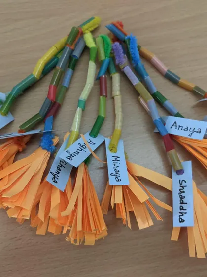 As part of our spooky Halloween fun, the children crafted these colorful little brooms. This simple craft using straws and paper was a great way to practice fine motor skills while making a fun prop for imaginative play.