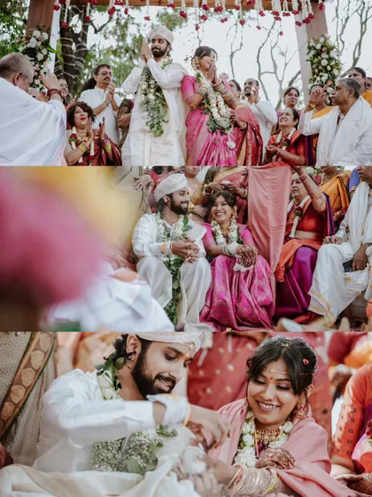 A triptych of key moments from the wedding ceremony, from the couple's entrance to the final rituals.