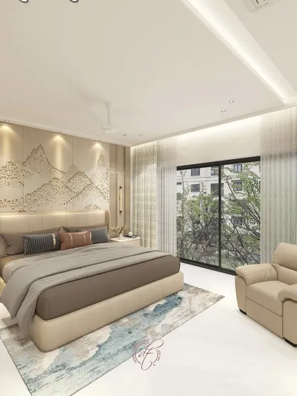 This 3D render visualizes a serene bedroom with a custom headboard featuring a beautiful mountain art design. The neutral tones and soft lighting create a calm and inviting atmosphere.