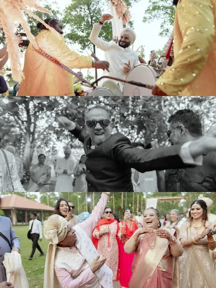 The baraat is all about unrestrained joy. This collage captures the groom, family, and friends dancing with abandon, showing the fun and energy that kicks off the wedding festivities.