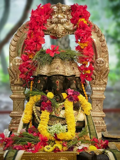 The idol of Panchamukhi Ganesha (five-faced Ganesha) at our Gurukul, beautifully decorated for Ganesh Chaturthi. Each face represents a different aspect of the divine.